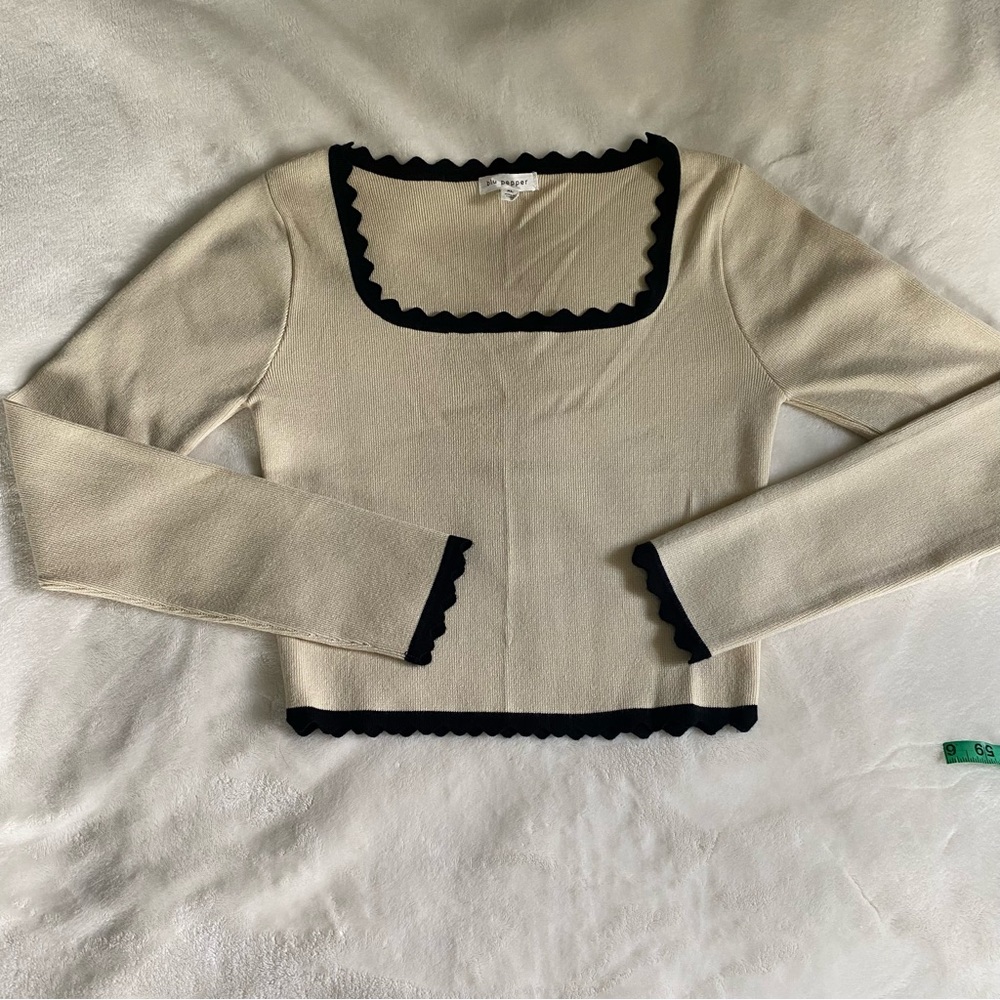 Cream Long Sleeve Top with Black Scalloped Trim